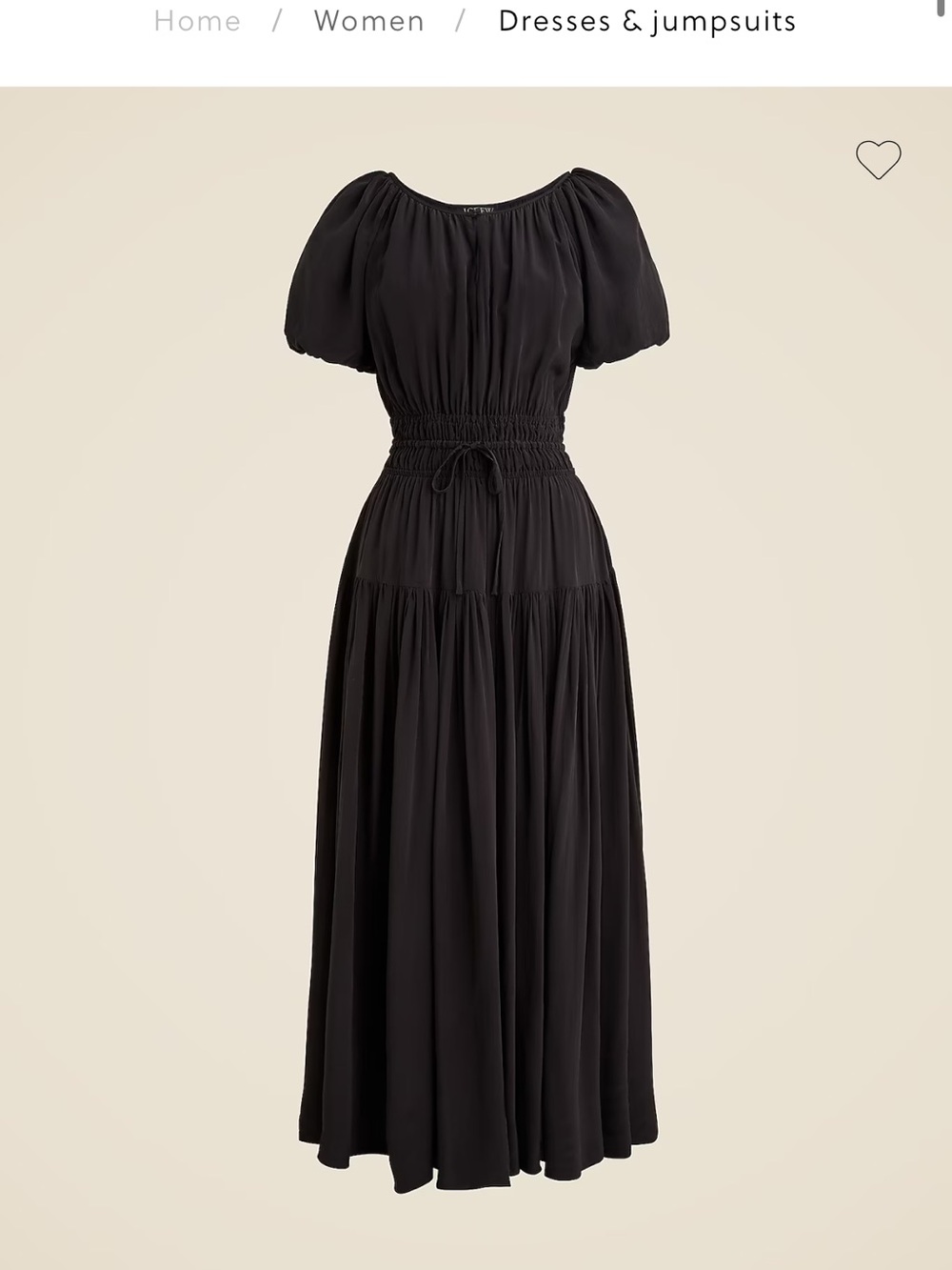 J. Crew Black Elena Puff-Sleeve Smocked Maxi Dress with Tie Waist